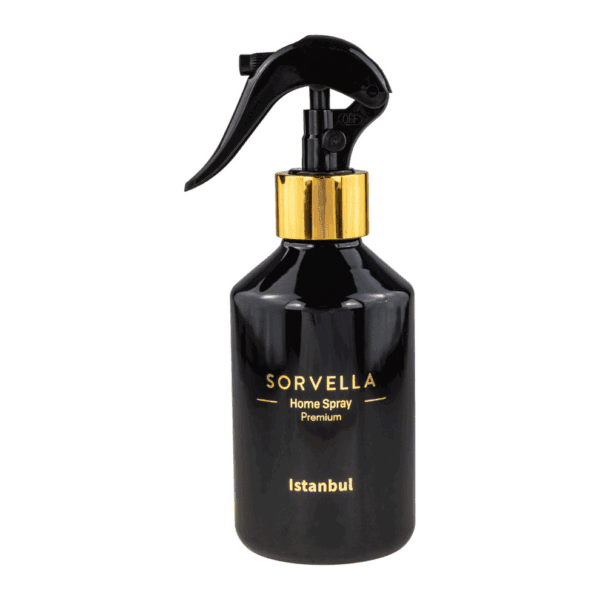 Sprauslas pudelē ar zelta akcentu, melns izskats, izsmidzinātājs, mājas smaržu iepakojums.