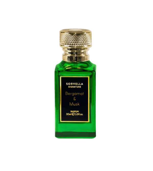 Zaļa smaržu pudele ar zelta vāciņu, Bergamotes un Musk aromāts, Sorvella Latvia.